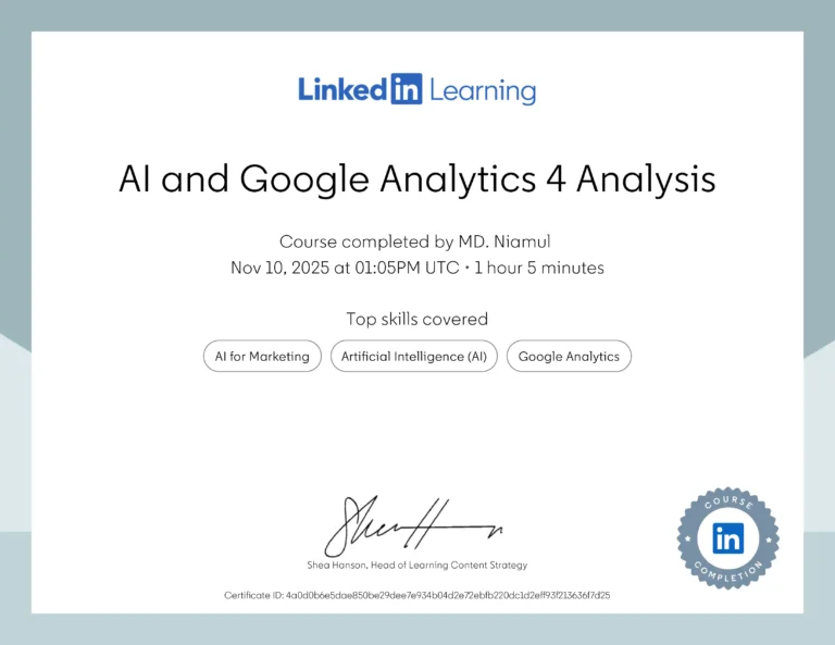 AI and Google Analytics 4 Analysis certificate issued to MD Niamul by LinkedIn Learning