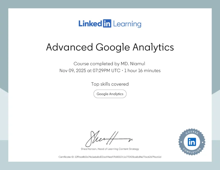 Advanced Google Analytics certificate issued to MD Niamul by LinkedIn Learning