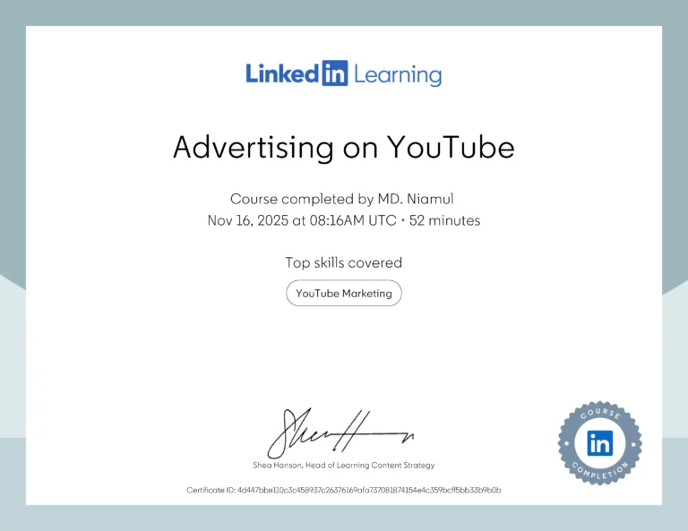 Advertising on YouTube certificate issued to MD Niamul by LinkedIn Learning