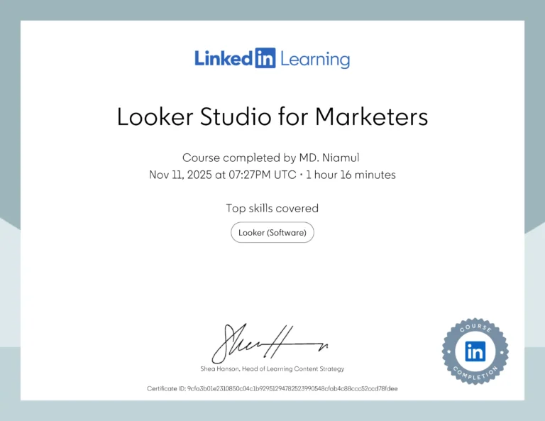 Looker Studio for Marketers certificate issued to MD Niamul by LinkedIn Learning