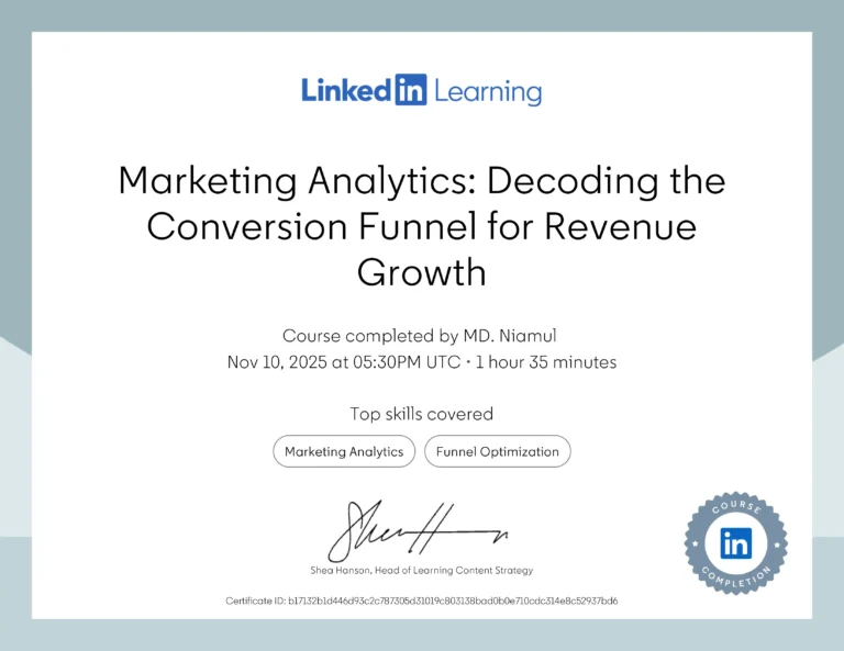 Marketing Analytics: Decoding the Conversion Funnel for Revenue Growth certificate issued to MD Niamul by LinkedIn Learning