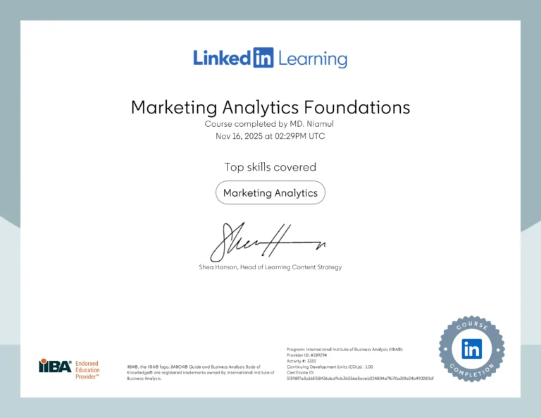 Marketing Analytics Foundations certificate issued to MD Niamul by LinkedIn Learning