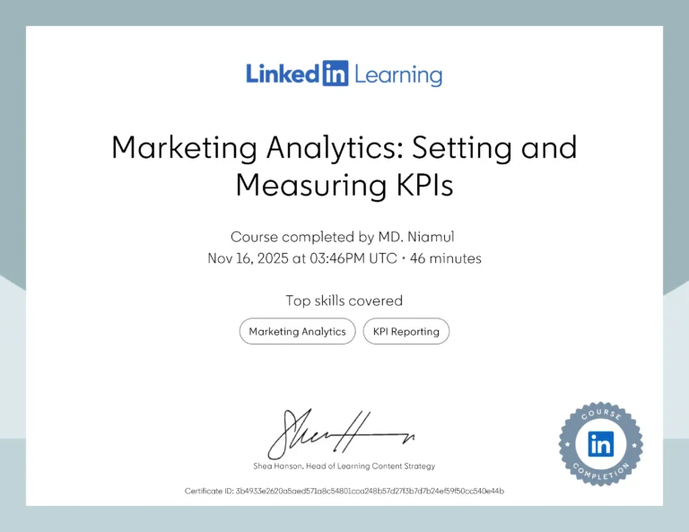 Marketing Analytics: Setting and Measuring KPIs certificate issued to MD Niamul by LinkedIn Learning