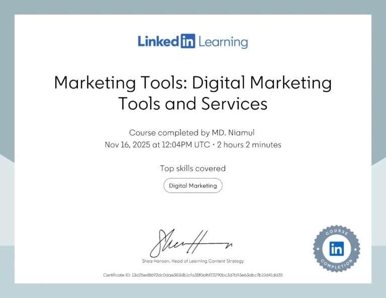 Marketing Tools: Digital Marketing Tools and Services certificate issued to MD Niamul by LinkedIn Learning