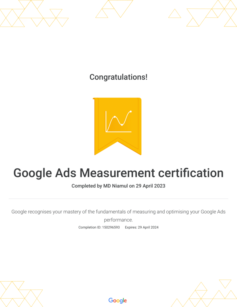 Google Ads Measurement Certification certificate issued to MD Niamul by Google Skillshop