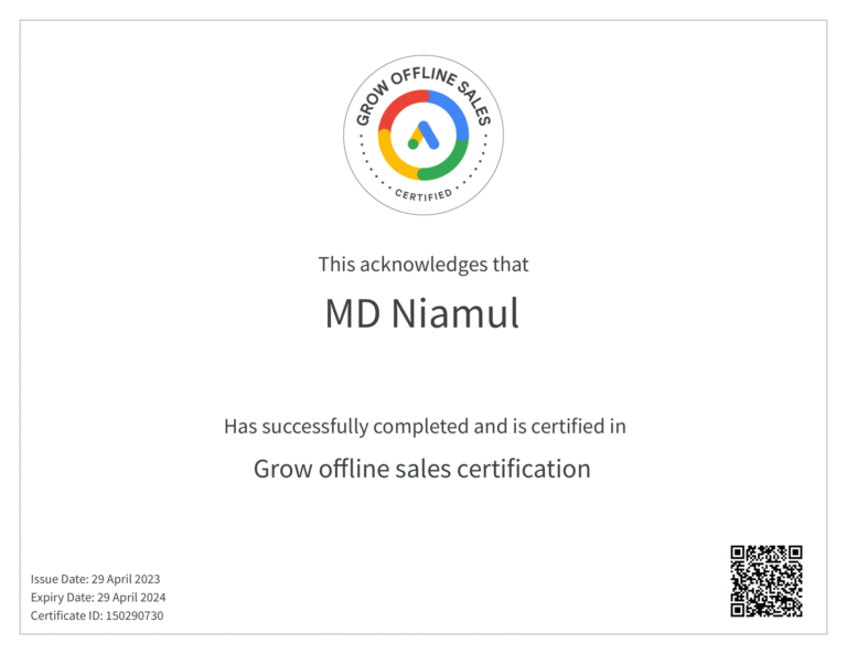 Grow Offline Sales Certification certificate issued to MD Niamul by Google Skillshop