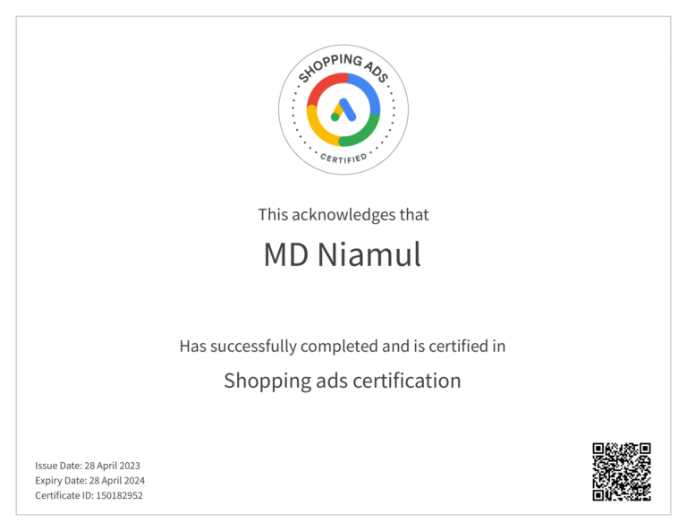 Shopping Ads Certification certificate issued to MD Niamul by Google Skillshop