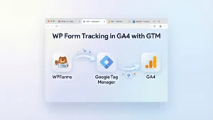 Illustrative diagram of WPForms tracking in GA4 using Google Tag Manager, showing flow from WPForms bear icon to GTM logo to GA4 graph.