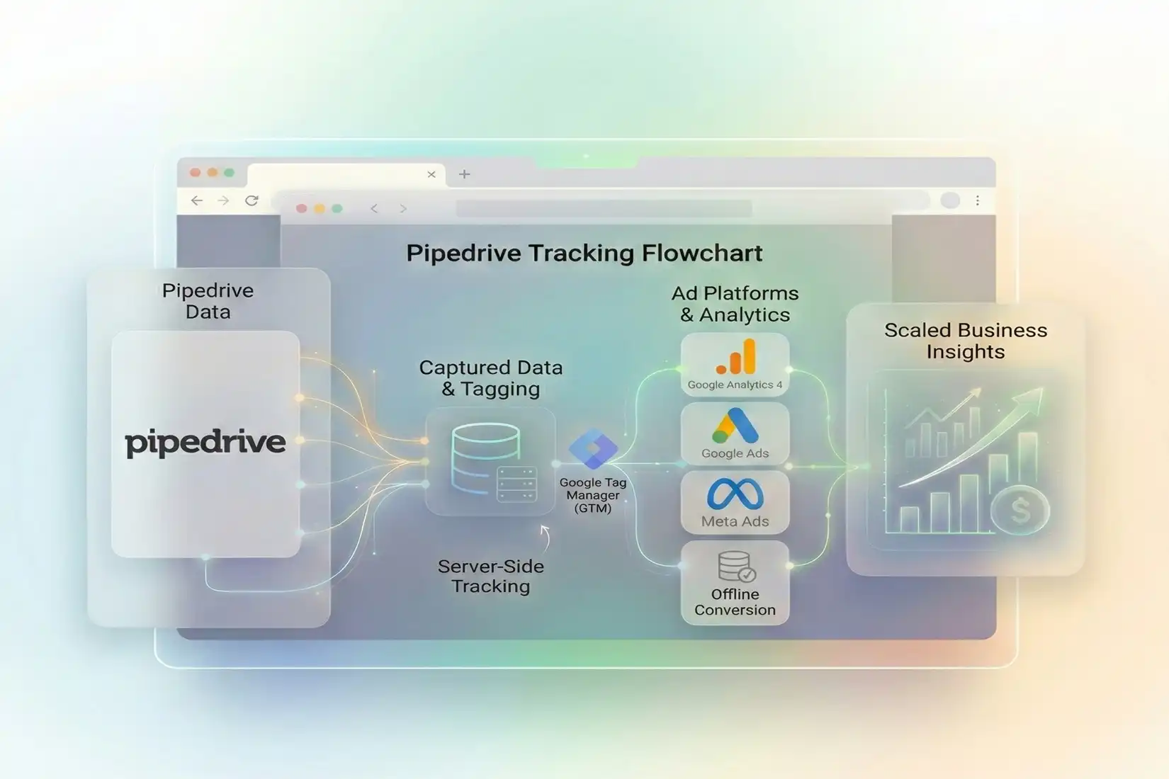 Pipedrive form submission tracked via GTM sending conversion data to Google Ads and GA4 reports