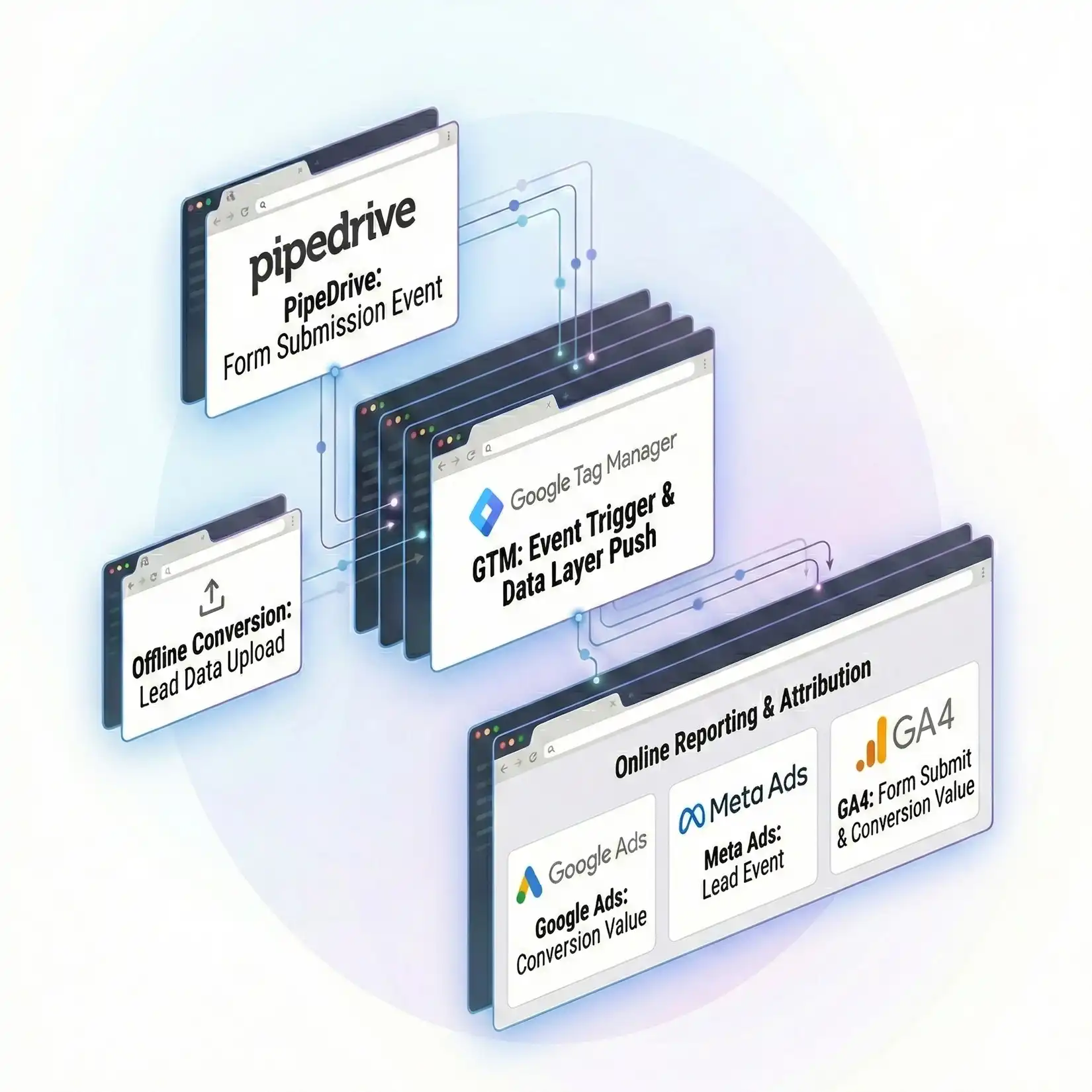 Pipedrive form submission tracked via GTM sending conversion data to Google Ads and GA4 reports