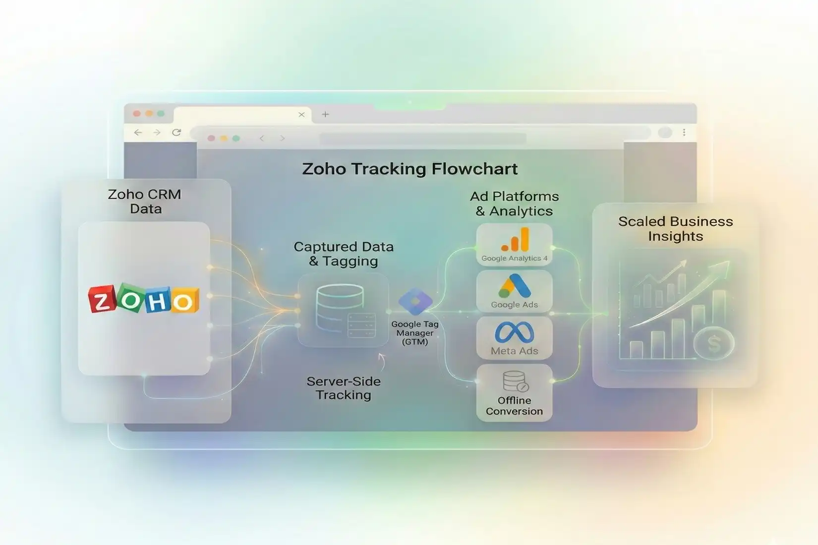 Diagram explaining benefits of Zoho Form conversion tracking with GA4 and Google Ads lead attribution