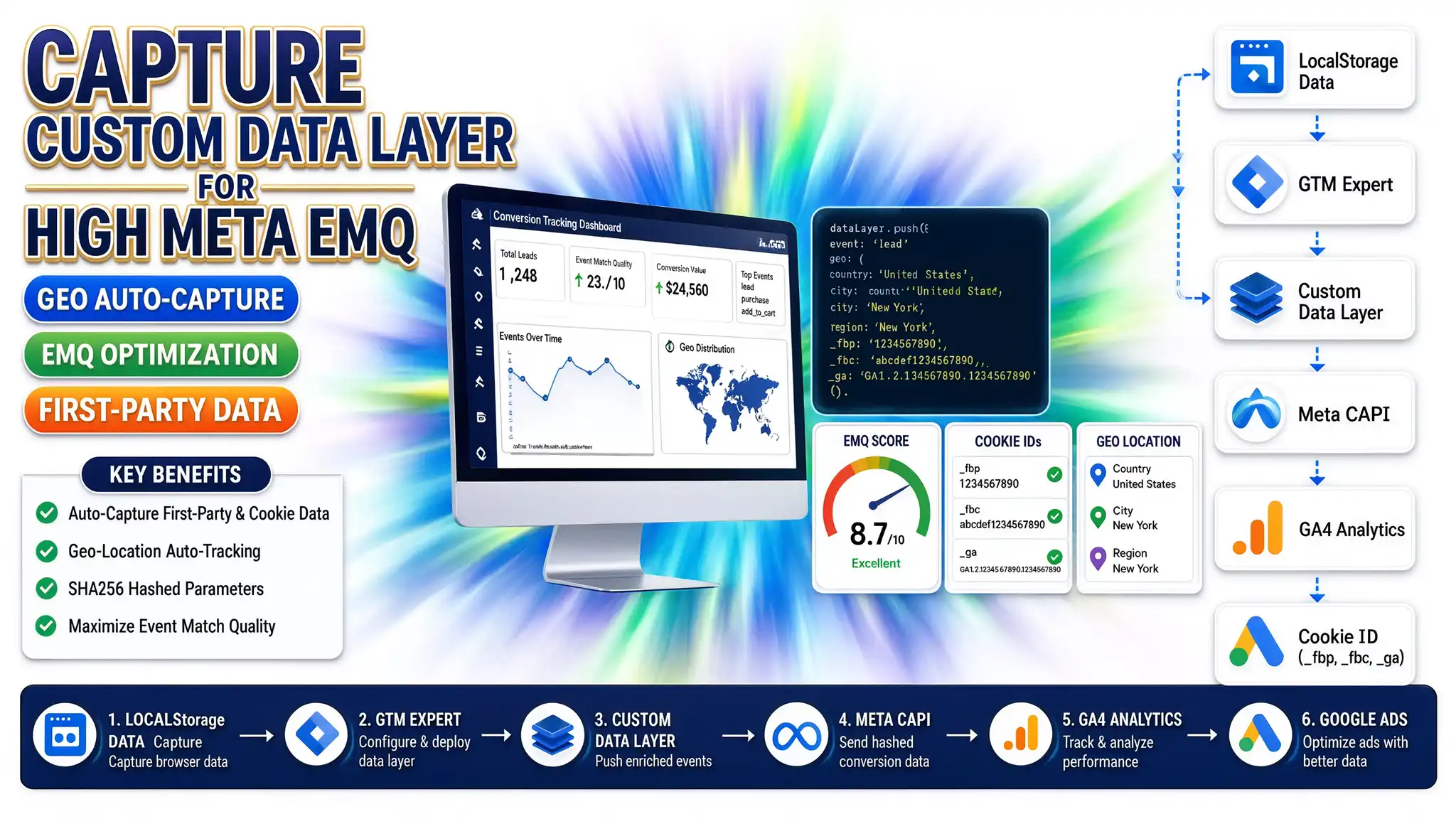 Infographic on capturing a custom data layer for high Meta EMQ, showing tracking code and data flow to Meta CAPI.