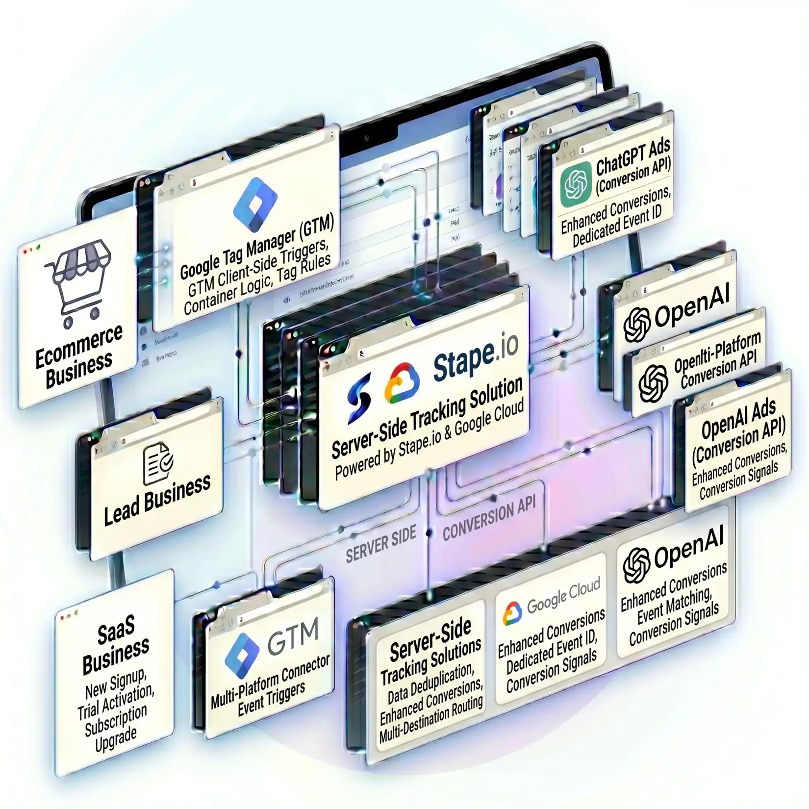 ChatGPT Ads conversion tracking flow from ecommerce, lead and SaaS sites through GTM and Stape to OpenAI Conversions API