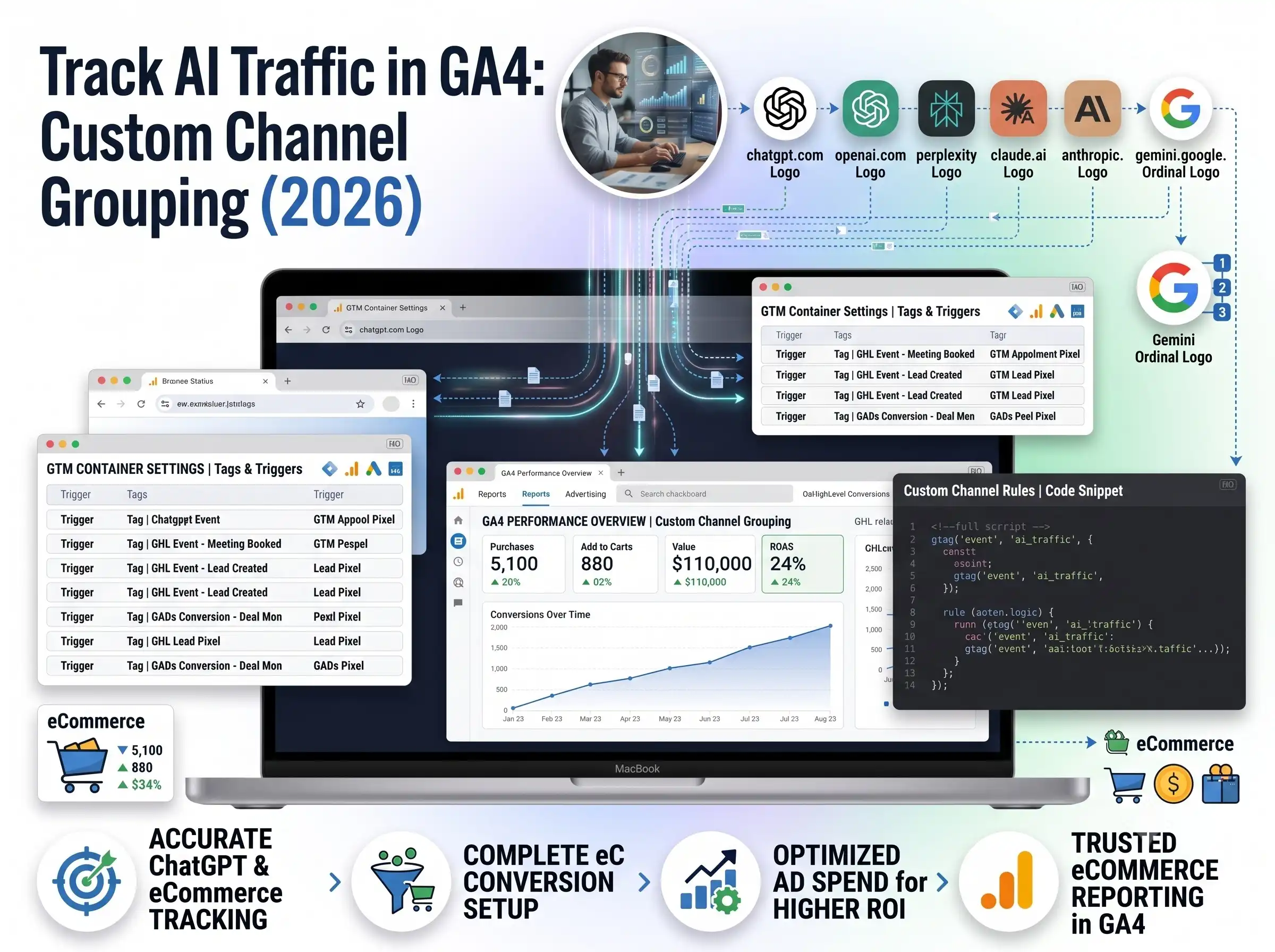 A diagram showing how to track AI traffic in GA4 custom channel grouping using GTM tags and custom code snippets.