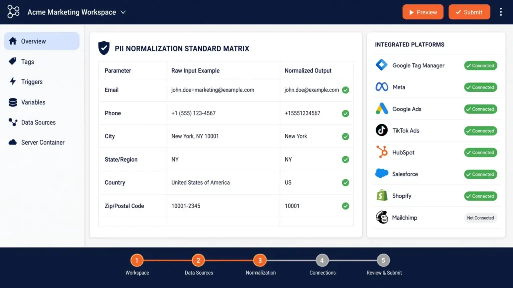 PII normalization matrix dashboard displaying raw input formatting and integrated platform connections.