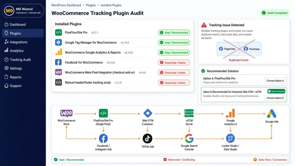 WordPress dashboard screen titled WooCommerce Tracking Plugin Audit showing plugin status recommendations, tracking collision diagnostics, dual solution options, and a multi-platform data routing diagram.