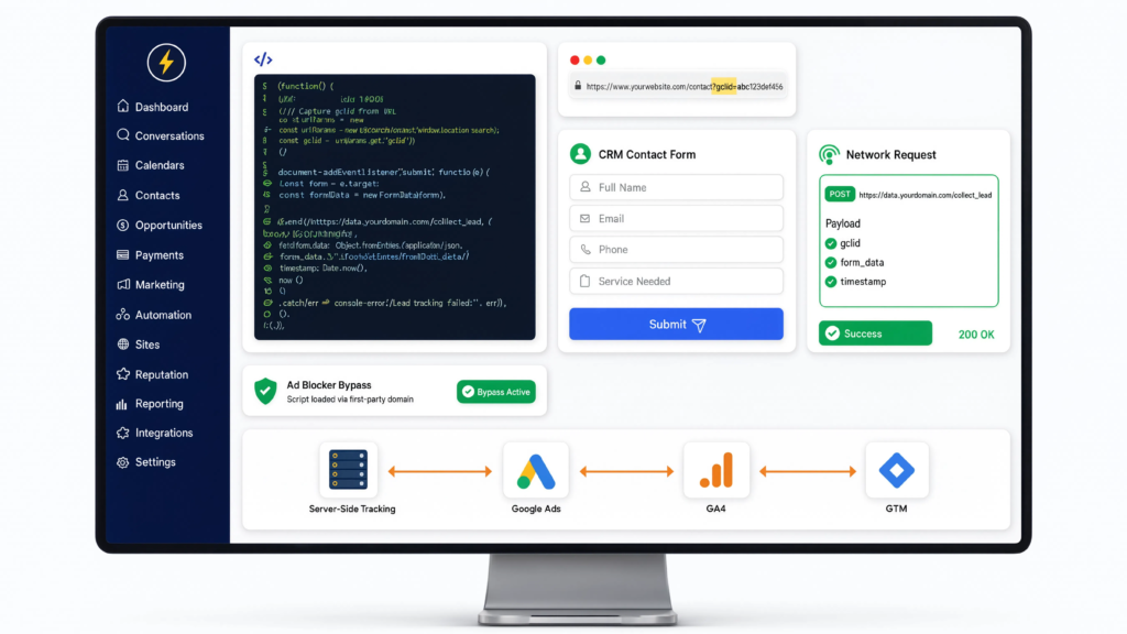 Dashboard UI showing a JavaScript form listener script capturing GCLIDs, posting form data to a first-party domain, and routing through server-side tracking to ad platforms.