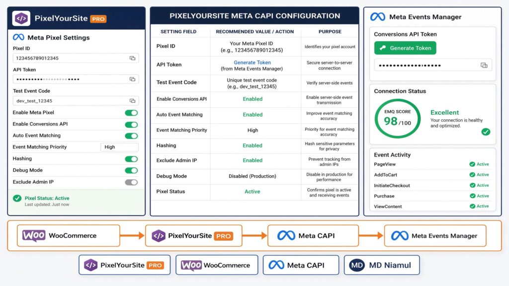 Diagnostic setup screen for PixelYourSite Meta CAPI Configuration featuring Meta Pixel Settings, recommended setup matrix table, Meta Events Manager status with a 98/100 EMQ score, and data flow pipeline.