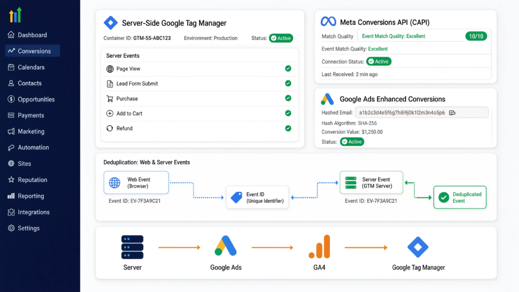 Dashboard UI for Google Ads Enhanced Conversions and Meta CAPI featuring GTM server events, SHA-256 hashed email parameters, and browser-server event deduplication.