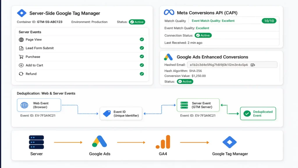 Dashboard UI showing Server-Side GTM, Meta Conversions API (CAPI) with a 10/10 match quality score, Google Ads Enhanced Conversions, and event deduplication workflow.