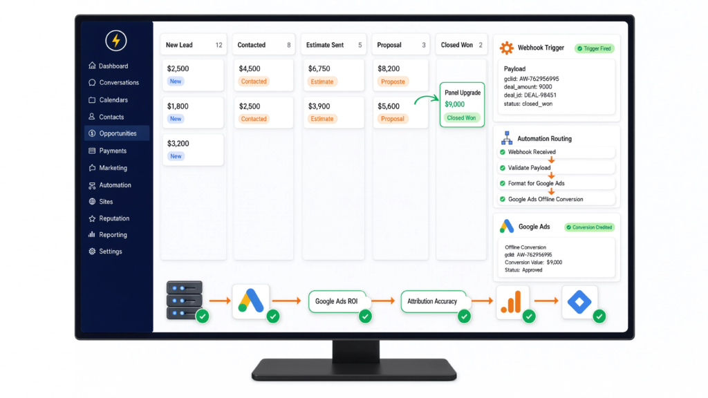 Dashboard UI for Google Ads offline conversion tracking showing CRM opportunity pipeline, webhook payload with GCLID, automation routing workflow, and credited conversion status.
