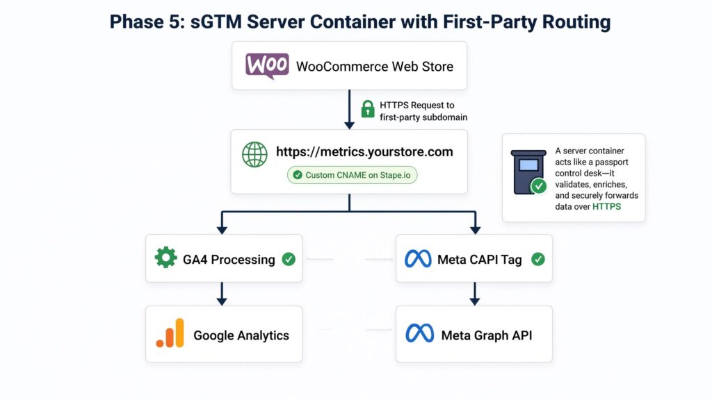Diagnostic architectural diagram illustrating sGTM Server Container with First-Party Routing from a WooCommerce Web Store through a custom CNAME subdomain on Stape.io to GA4 and Meta Graph API.