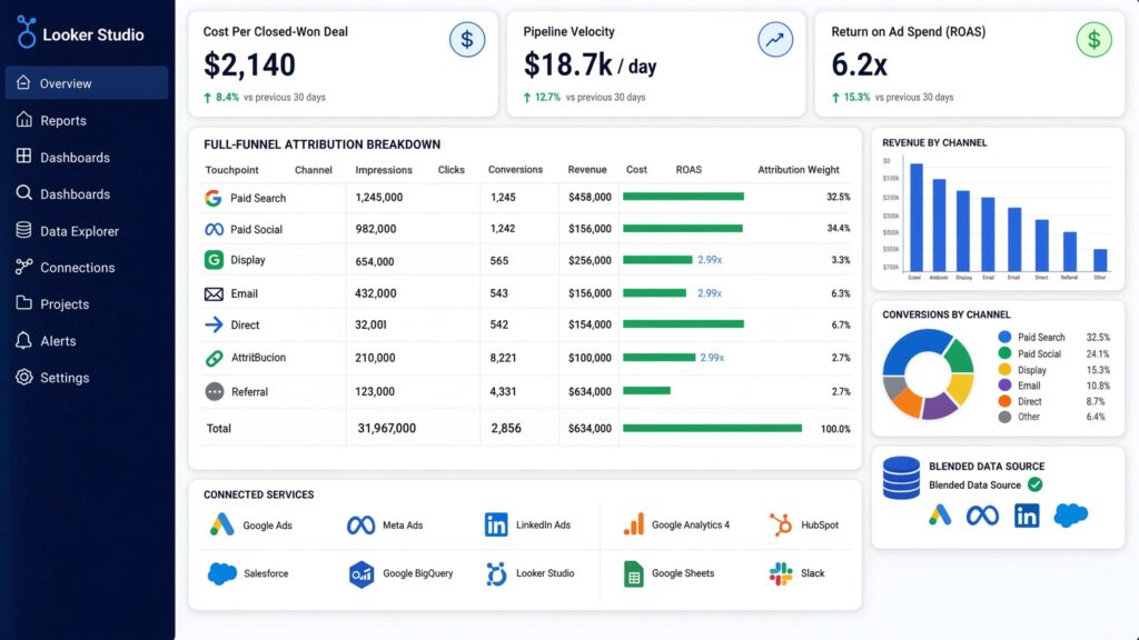 Diagnostic Looker Studio attribution dashboard showing KPI cards for Cost Per Closed-Won Deal ($2,140), Pipeline Velocity ($18.7k/day), and ROAS (6.2x), alongside a full-funnel channel attribution table and blended data source connections.