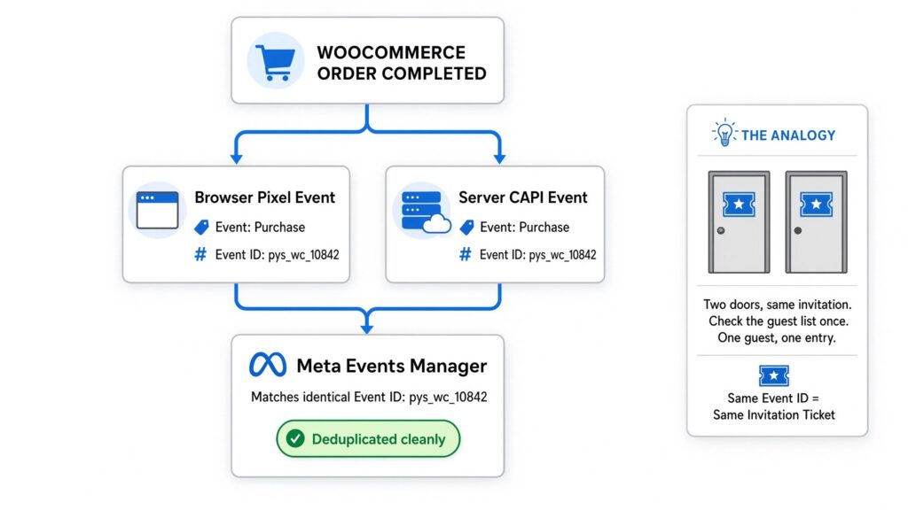 Diagnostic flowchart illustrating Meta CAPI Deduplication Flow following a WooCommerce Order Completed action, depicting parallel Browser Pixel and Server CAPI events with identical Event IDs matching in Meta Events Manager alongside an invitation ticket analogy.