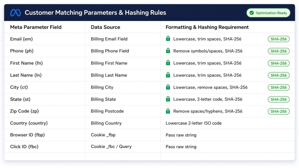 Diagnostic reference table for Meta Customer Matching Parameters & Hashing Rules outlining data sources, formatting specifications, and SHA-256 cryptographic requirements across customer fields and browser cookies.