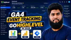 Diagnostic visual thumbnail titled "GA4 EVENT TRACKING WITH GOHIGHLEVEL IN 2026" featuring MD Niamul alongside a GoHighLevel analytics dashboard displaying pipeline metrics, supported by a data flow diagram connecting GoHighLevel to GA4 and Google Tag Manager.
