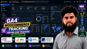 Diagnostic visual thumbnail titled "GA4 WOOCOMMERCE TRACKING SERVER-SIDE TRACKING BOOST ROI" featuring MD Niamul alongside a GA4 analytics dashboard displaying revenue and user growth metrics, backed by a technical architecture flow connecting WooCommerce, GA4, GTM, and Server-Side Tracking.
