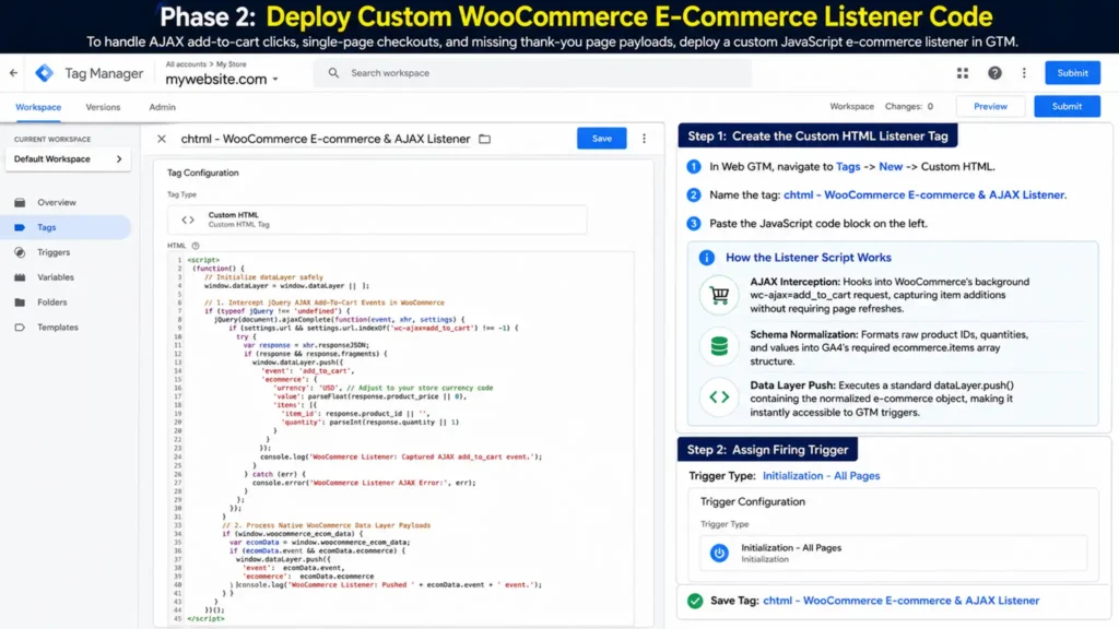 Diagnostic setup screen titled "Phase 2: Deploy Custom WooCommerce E-Commerce Listener Code" illustrating the 2-step setup for creating the chtml - WooCommerce E-commerce & AJAX Listener tag in Web GTM, along with the JavaScript AJAX listener code, script functionality overview, and trigger configuration.