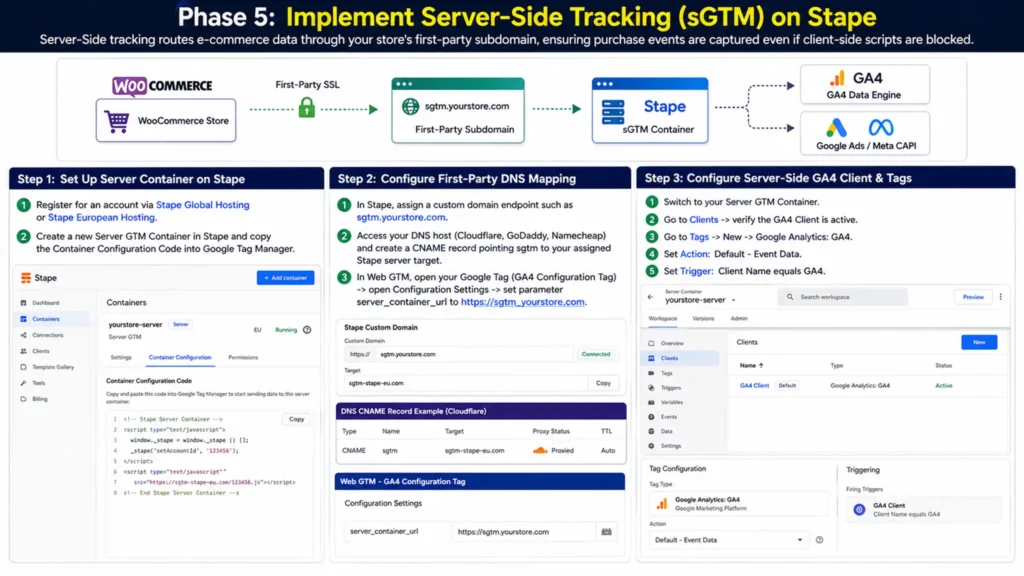 Diagnostic setup screen titled "Phase 5: Implement Server-Side Tracking (sGTM) on Stape" illustrating the 3-step setup for provisioning a Server GTM container on Stape, configuring first-party DNS CNAME mapping, and setting up the Server-Side GA4 Client and Tag.