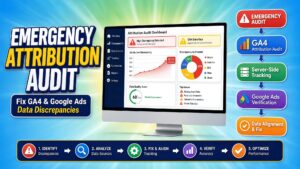 Diagnostic graphic titled "Emergency Attribution Audit" featuring an Attribution Audit Dashboard monitor displaying a 32.7% discrepancy alert, a 68/100 Data Quality Score, an audit stack, and a 5-step remediation workflow.