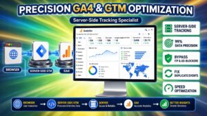 Promotional graphic titled "Precision GA4 & GTM Optimization" displaying a central analytics monitor showing user metrics and country breakdowns alongside server-side tracking features and a data pipeline diagram.