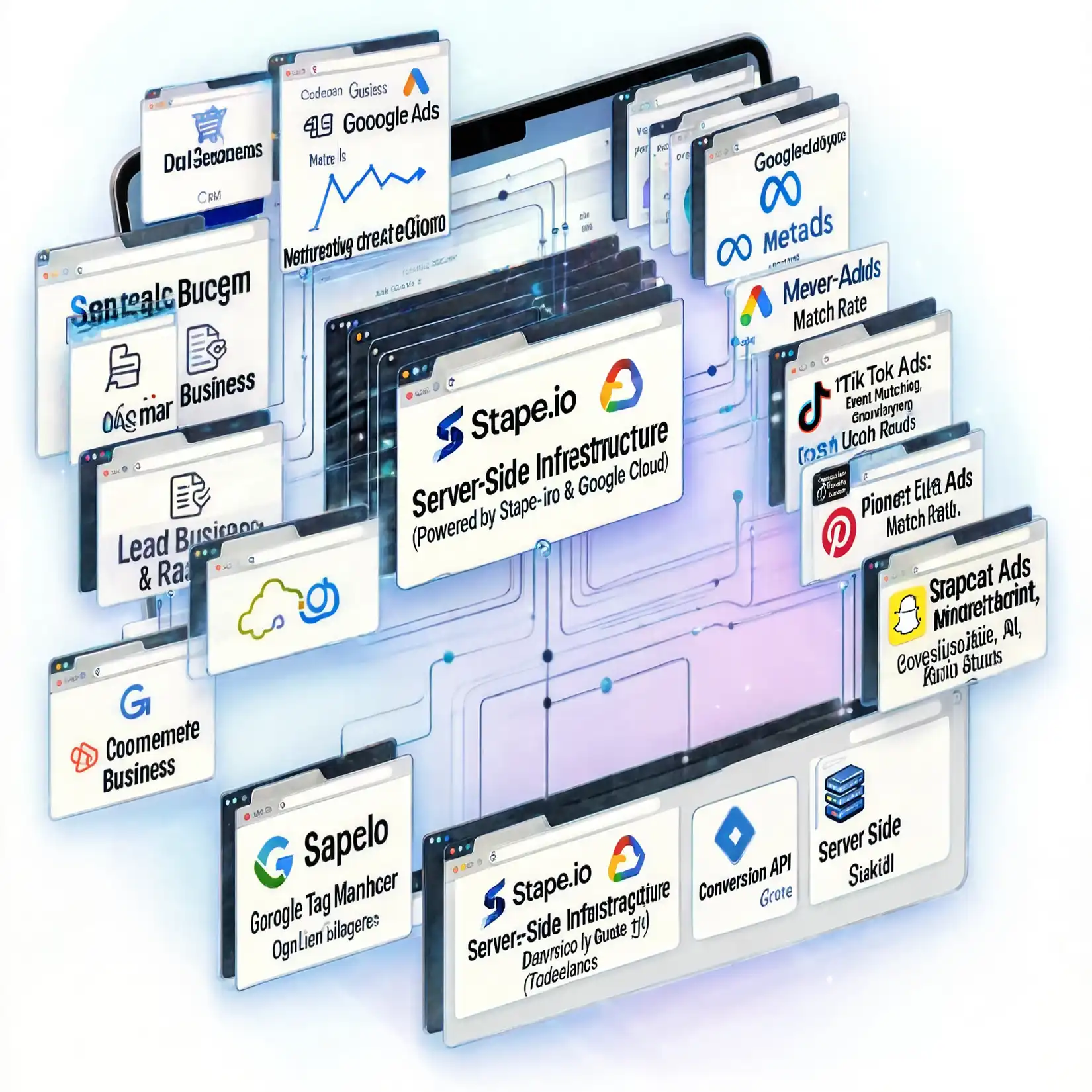 Graphic illustration of a server-side tracking infrastructure powered by Stape.io and Google Cloud, connecting CRM data and Google Tag Manager to ad platforms like Meta, TikTok, and Google Ads.