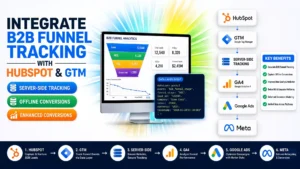 Promotional banner titled "Integrate B2B Funnel Tracking with HubSpot & GTM" displaying a B2B Funnel Analytics dashboard monitor, a Data Layer event code overlay, an integration pipeline stack, and a six-step workflow.