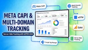 Promotional graphic titled "Meta CAPI & Multi-Domain Tracking" featuring a central analytics dashboard detailing a 4.35 ROAS and $23,540 spend alongside connected network badges for Meta CAPI, Multi-Domain Tracking, sGTM, GA4, Server-Side Tracking, and Google Tag Manager.