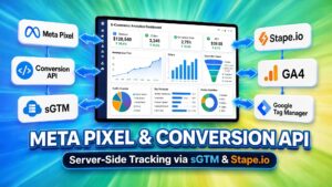 Promotional graphic titled "Meta Pixel & Conversion API" featuring an E-Commerce Analytics Dashboard detailing $128,540 revenue alongside connected integration badges for Meta Pixel, Conversion API, sGTM, Stape.io, GA4, and Google Tag Manager.