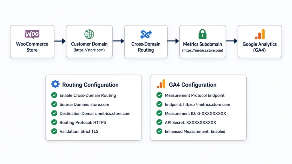 Diagnostic flowchart for WooCommerce Cross-Domain Linker Flow showing data routing from store.com through Cross-Domain Routing to the metrics.store.com subdomain and Google Analytics (GA4), alongside routing settings and GA4 Measurement Protocol parameters.