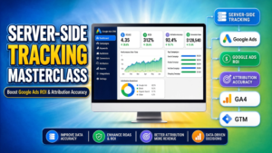 Promotional graphic for a server-side tracking masterclass featuring a Google Ads CRM performance dashboard monitor and integrations with GA4, GTM, and Google Ads.