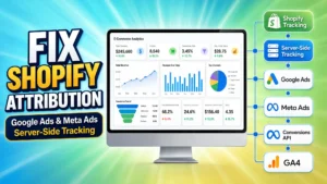 Promotional graphic titled "Fix Shopify Attribution" featuring an E-Commerce Analytics screen and data routing nodes for Shopify, Server-Side Tracking, Google Ads, Meta Ads, CAPI, and GA4.