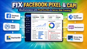 Promotional diagnostic graphic titled "Fix Facebook Pixel & CAPI" featuring a central e-commerce dashboard tablet surrounded by integration icons for Meta Pixel, CAPI, PixelYourSite, GTM, WooCommerce, and Server-Side Tracking.