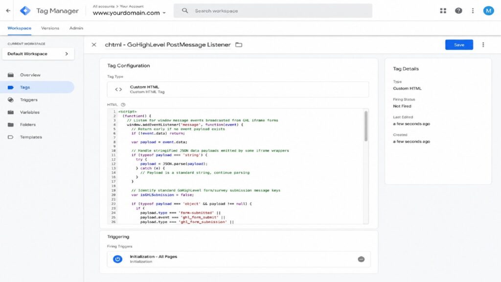 Diagnostic GTM tag setup screen displaying a Custom HTML tag titled "chtml - GoHighLevel PostMessage Listener" configured to listen for window postMessage events broadcasted from GoHighLevel iframe forms.