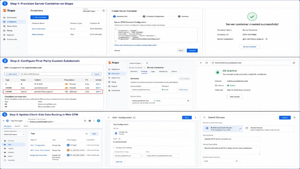 Diagnostic implementation workflow illustrating the 3-step provisioning of a Stape Server Container, Cloudflare DNS first-party custom subdomain setup (metrics.yourdomain.com), and Web GTM server container URL routing configuration.