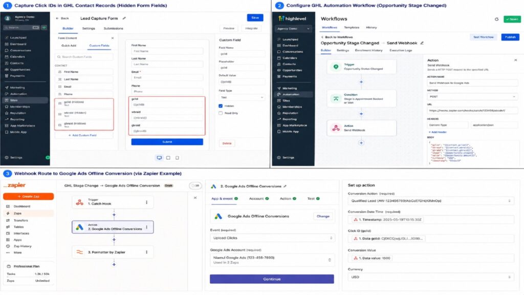 Architecture diagram mapping GoHighLevel click ID capture in hidden form fields, GHL automation webhook dispatch upon opportunity stage changes, and Zapier offline conversion upload routing into Google Ads API.