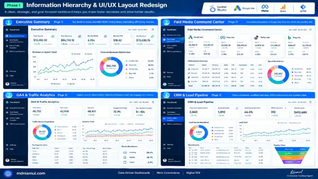 Dashboard UI redesign wireframe titled "Phase 1 Information Hierarchy & UI/UX Layout Redesign" illustrating a 4-page Looker Studio dashboard layout covering Executive Summary, Paid Media Command Center, GA4 & Traffic Analytics, and CRM & Lead Pipeline views.