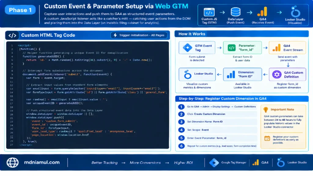 Technical architecture setup screen titled "Phase 1: Custom Event & Parameter Setup via Web GTM" showing a JavaScript DOM listener script, Data Layer push mechanics, GA4 custom dimension registration steps, and Looker Studio data pipeline.