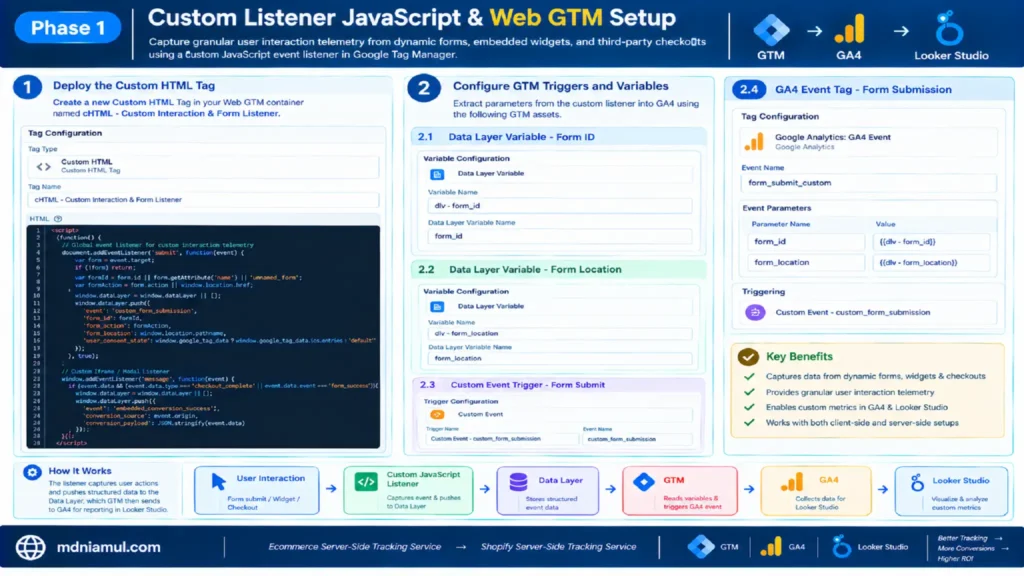 Technical setup screen titled "Phase 1: Custom Listener JavaScript & Web GTM Setup" showing a custom HTML JavaScript listener script, GTM Data Layer variables configuration, custom event trigger setup, and GA4 event tag parameter mapping.