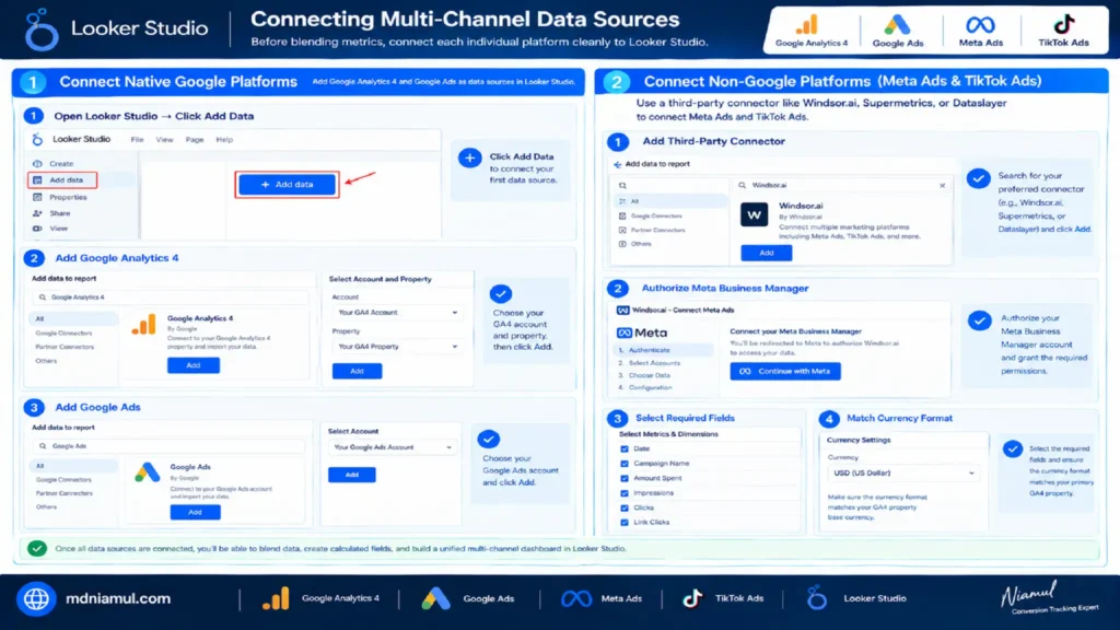 Diagnostic setup screen titled "Connecting Multi-Channel Data Sources" illustrating procedures for linking native Google platforms (GA4, Google Ads) and third-party platforms (Meta Ads, TikTok Ads) using connectors like Windsor.ai in Looker Studio.